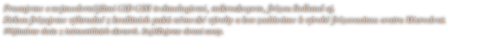 Pracujeme s nejmodernějšími CAD-CAM technologiemi, mikroskopem, frézou Rolland aj. Zirkon frézujeme výhradně z kvalitních puků německé výroby a kov zadáváme k výrobě frézovacímu centru Microdent. Přijímáme data z intraorálních skenerů. Zajišťujeme denní svozy. 